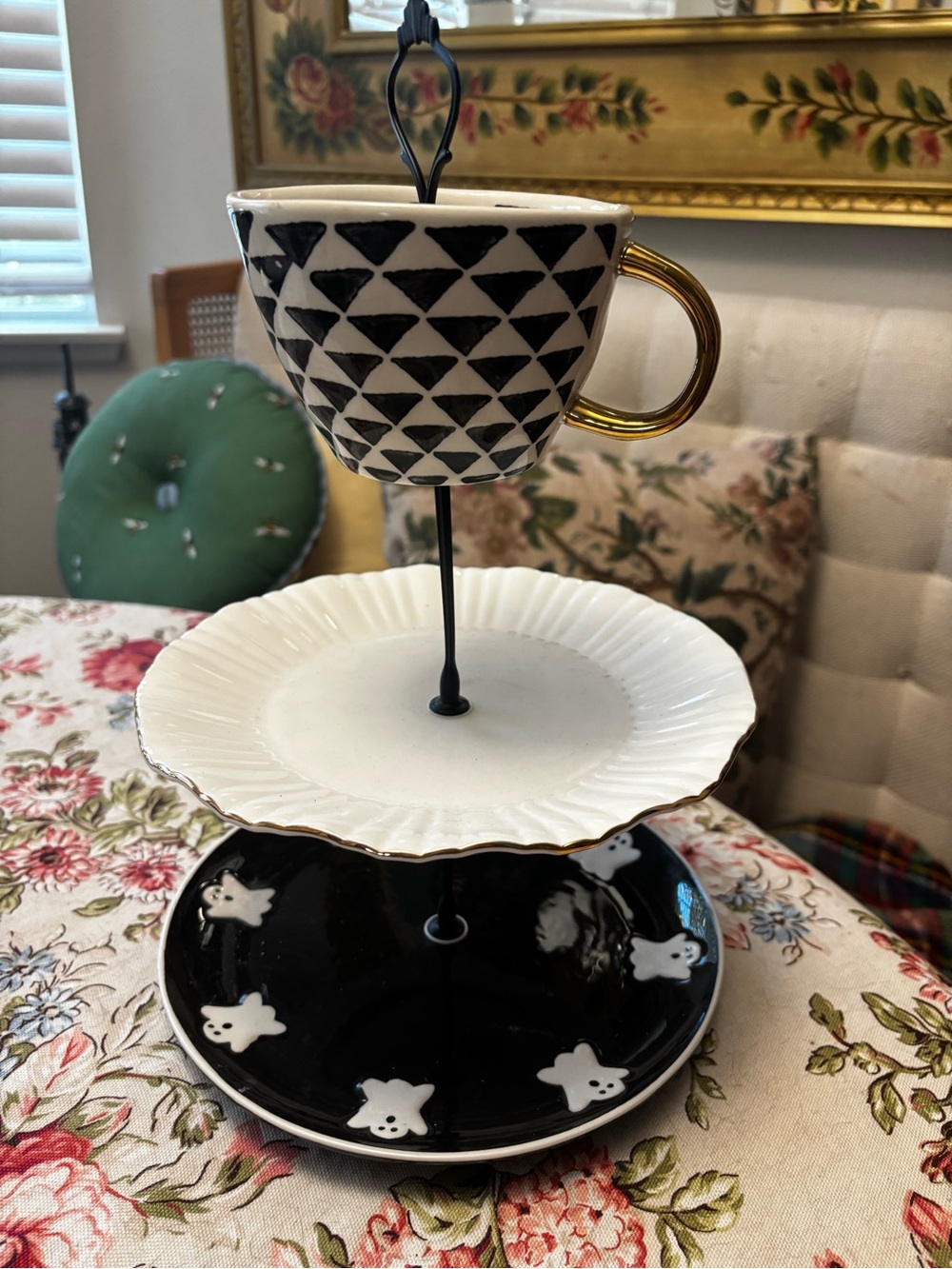 Three-Tier Halloween Ceramic Tea Cup Stand - Black & White with Gold Handle